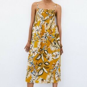 Zara Smocked Front Printed Midi Dress